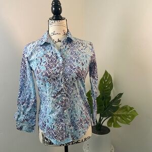 Brooks Brothers 346 Floral Button Down Shirt Womens Size 2 Blue White Cotton‎